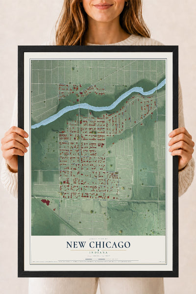 Map of New Chicago, Indiana, 18 x 24 inch print in a black wood frame