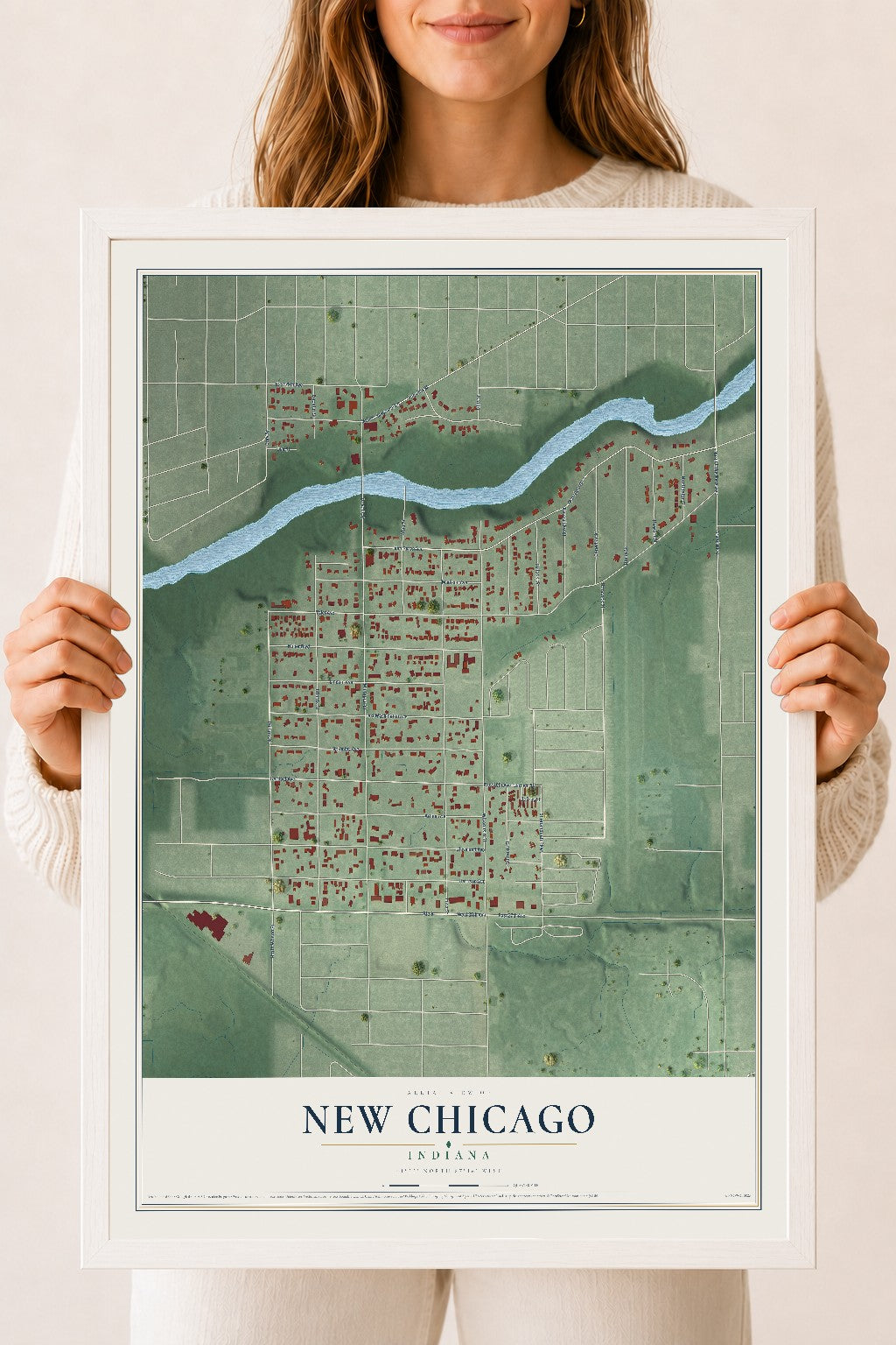 Map of New Chicago, Indiana, 18 x 24 inch print in a white wood frame