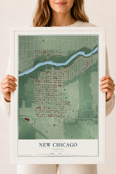 Map of New Chicago, Indiana, 18 x 24 inch print in a white wood frame