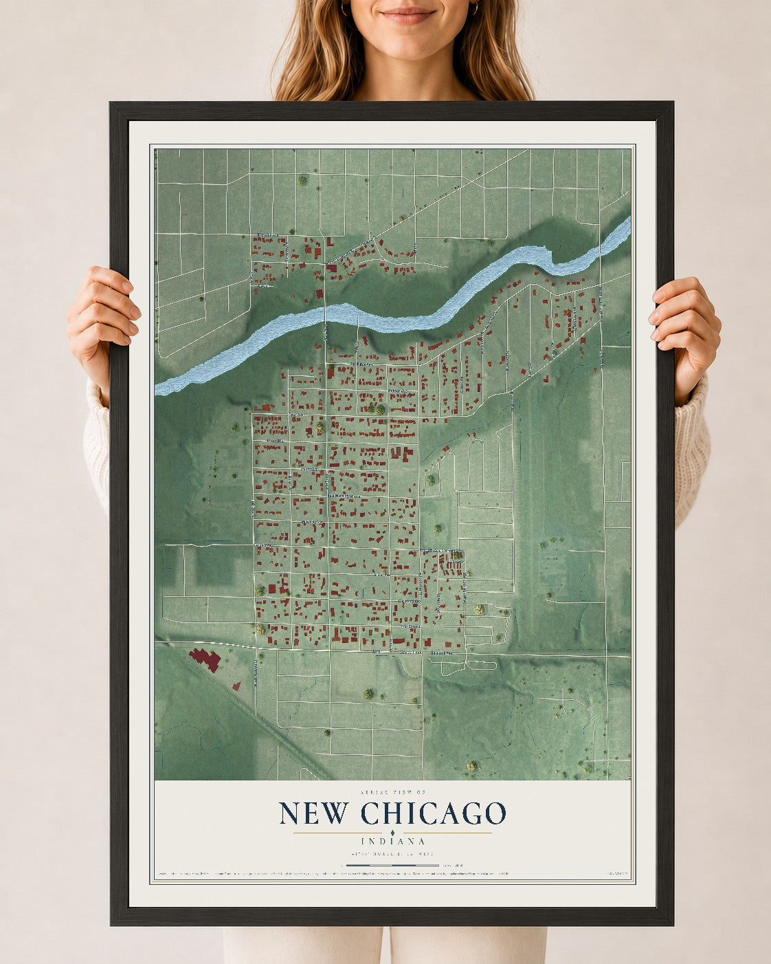Map of New Chicago, Indiana, 24 x 36 inch print in a black wood frame