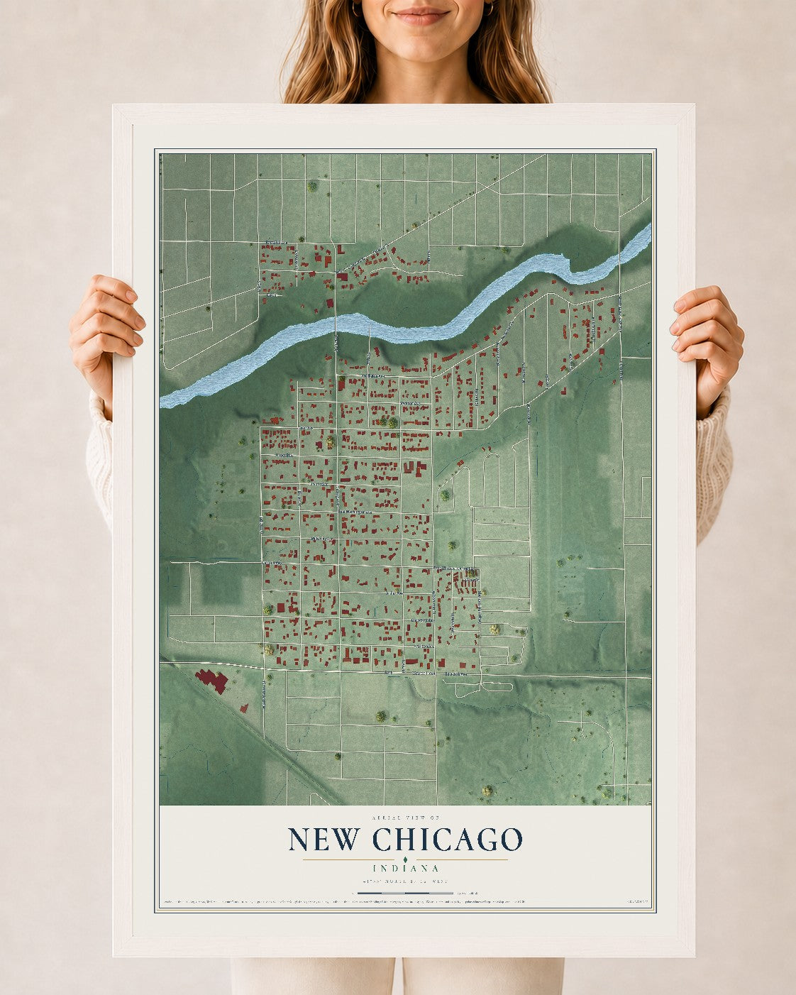 Map of New Chicago, Indiana, 24 x 36 inch print in a white wood frame
