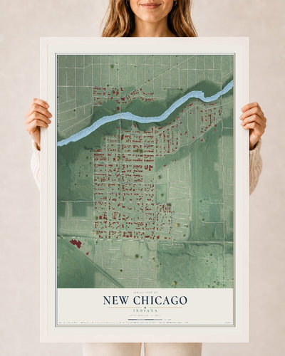 Map of New Chicago, Indiana, 24 x 36 inch print in a white wood frame