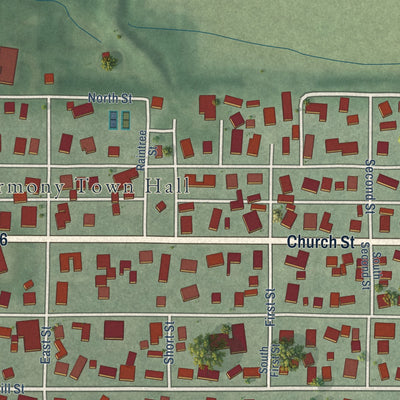 Close-up of the map of New Harmony, Indiana print showing street and building detail