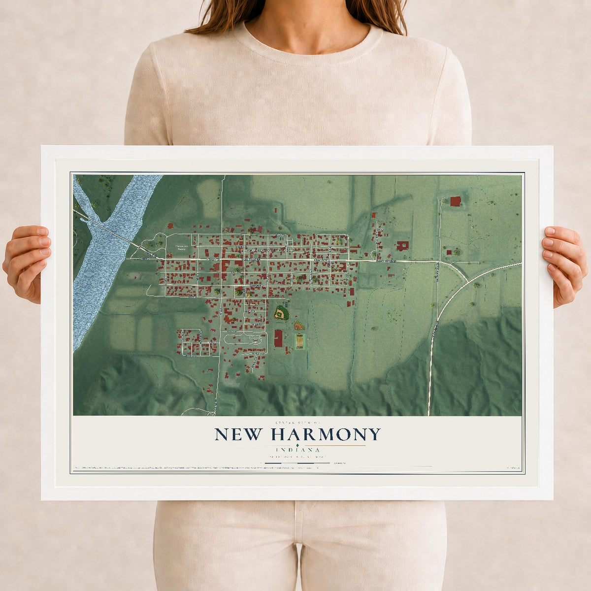 Map of New Harmony, Indiana, 12 x 18 inch print in a white wood frame
