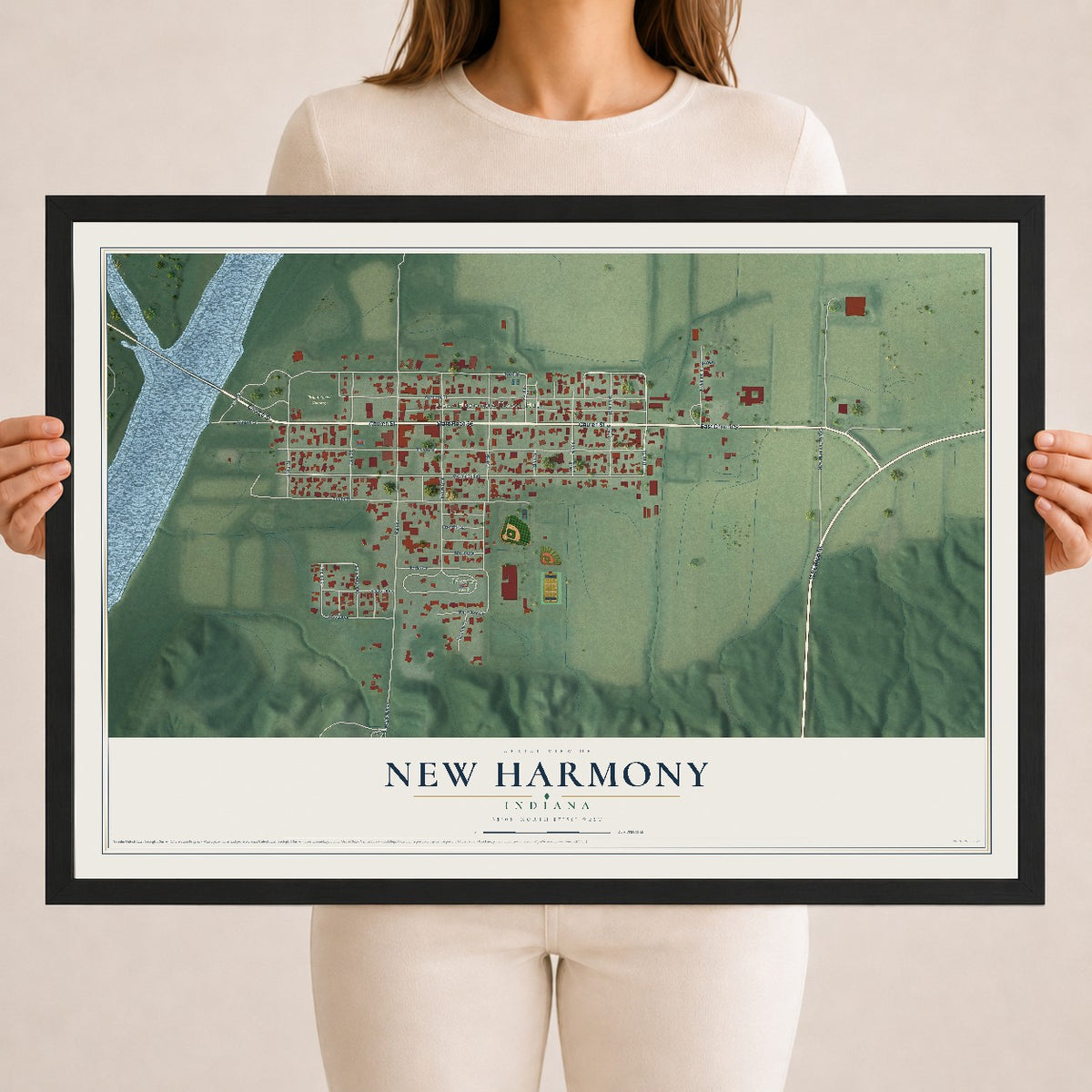Map of New Harmony, Indiana, 18 x 24 inch print in a black wood frame