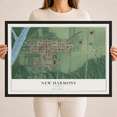 Map of New Harmony, Indiana, 18 x 24 inch print in a black wood frame