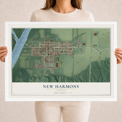 Map of New Harmony, Indiana, 18 x 24 inch print in a white wood frame
