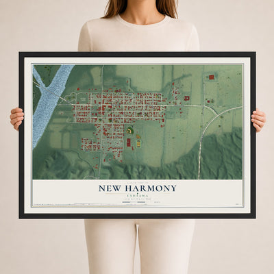 Map of New Harmony, Indiana, 24 x 36 inch print in a black wood frame