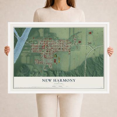 Map of New Harmony, Indiana, 24 x 36 inch print in a white wood frame