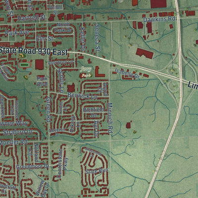 Close-up of the map of New Haven, Indiana print showing street and building detail