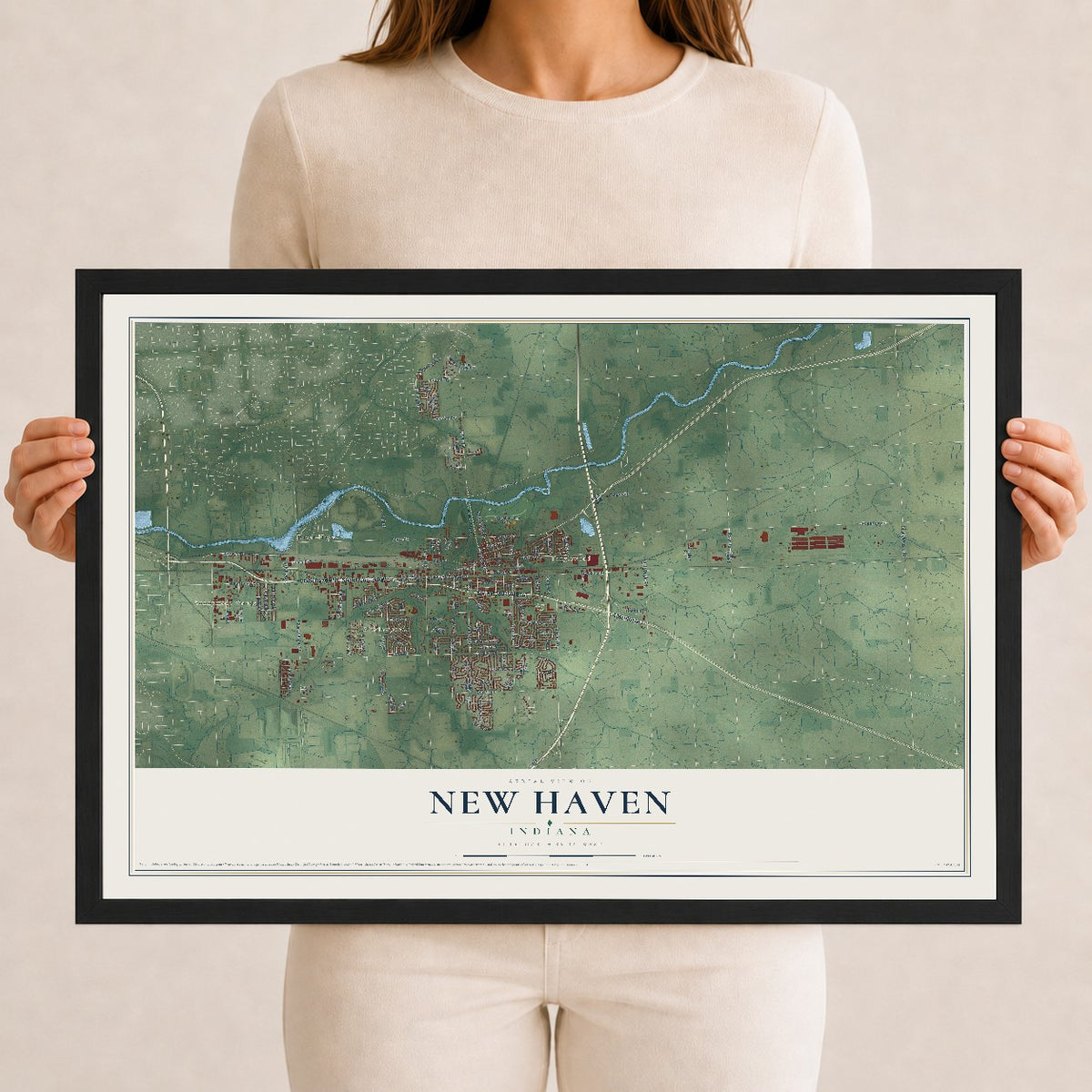 Map of New Haven, Indiana, 12 x 18 inch print in a black wood frame