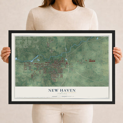 Map of New Haven, Indiana, 12 x 18 inch print in a black wood frame
