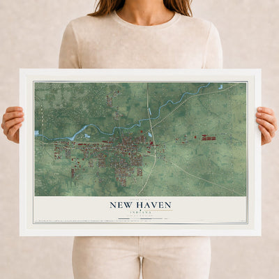 Map of New Haven, Indiana, 12 x 18 inch print in a white wood frame