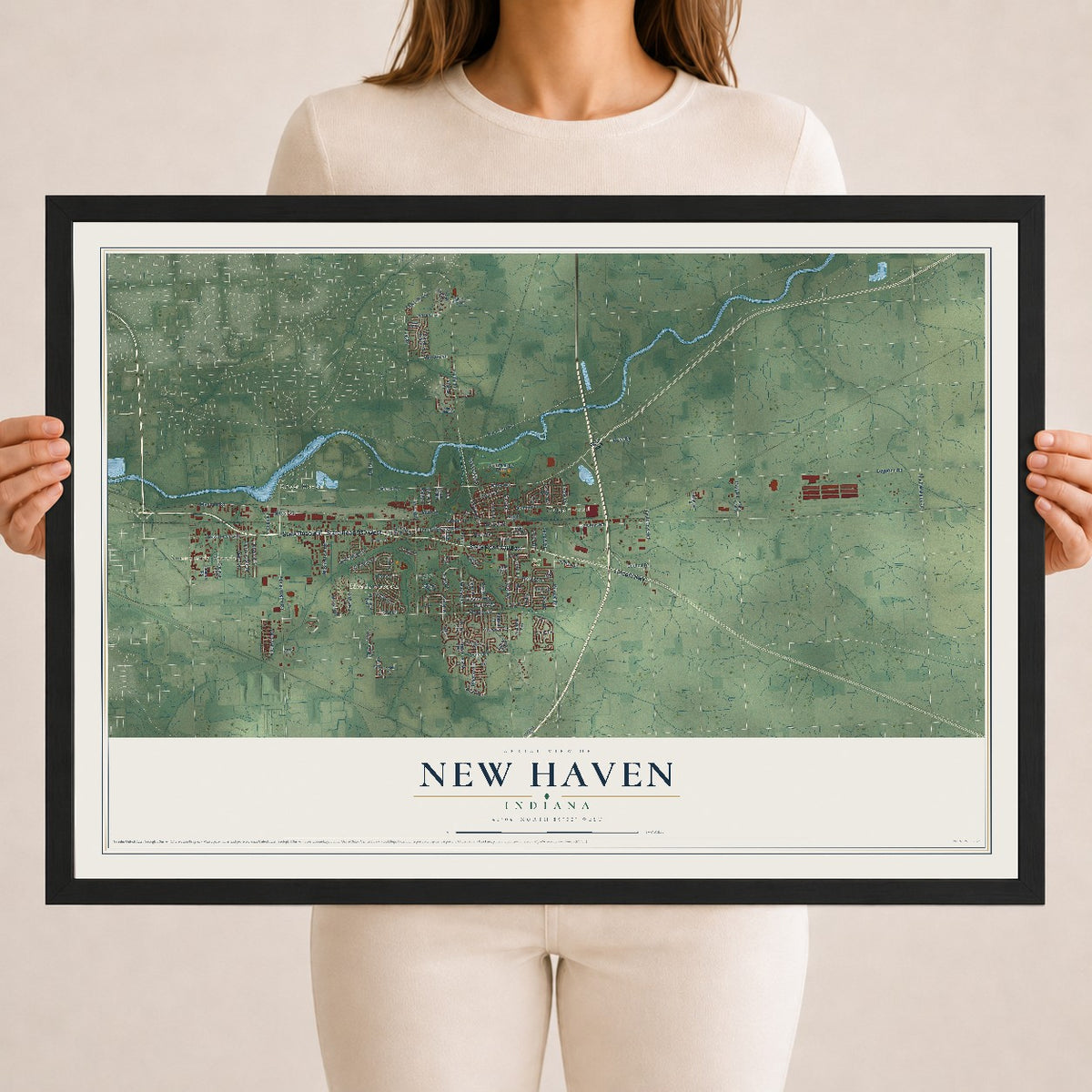 Map of New Haven, Indiana, 18 x 24 inch print in a black wood frame