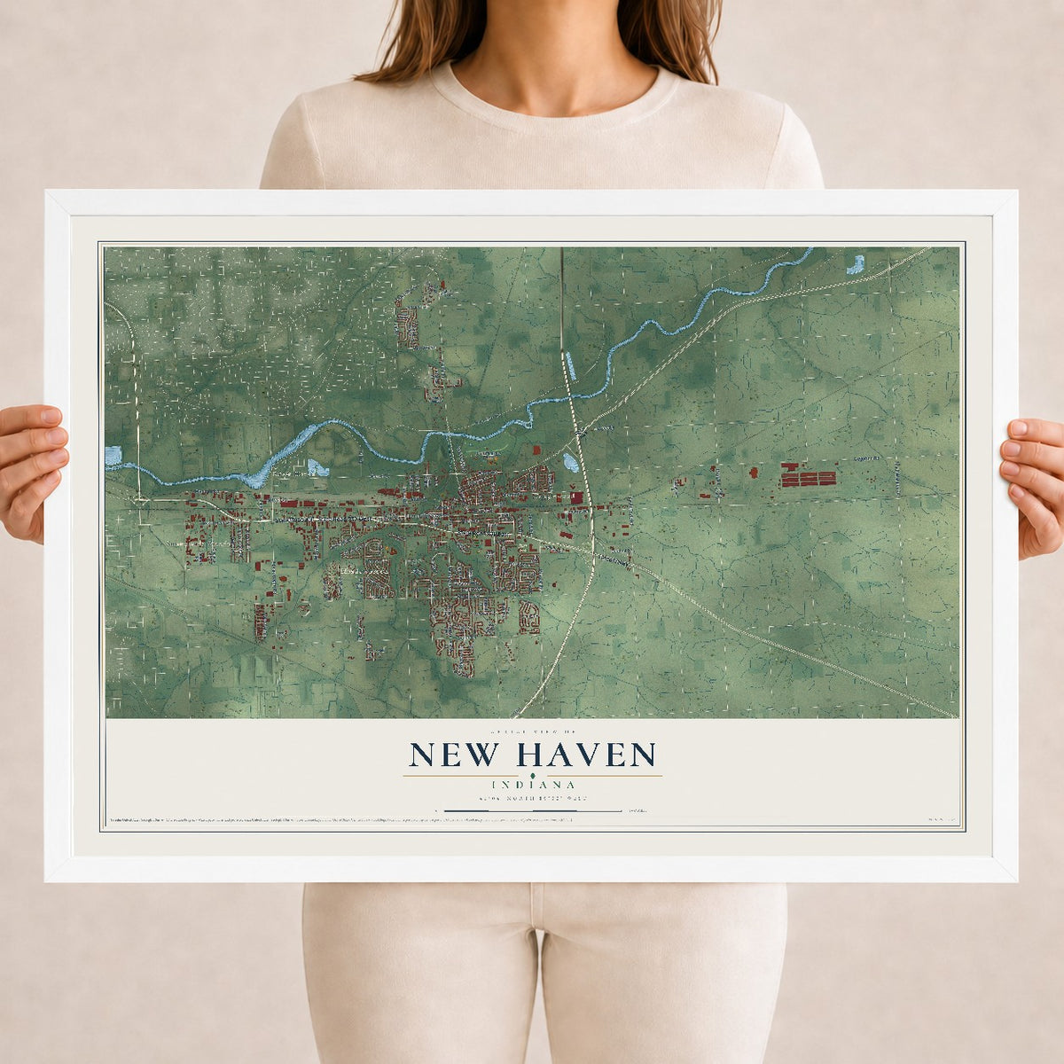 Map of New Haven, Indiana, 18 x 24 inch print in a white wood frame