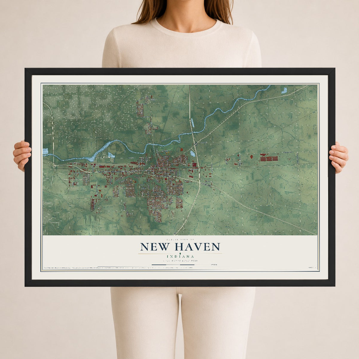 Map of New Haven, Indiana, 24 x 36 inch print in a black wood frame