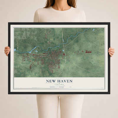 Map of New Haven, Indiana, 24 x 36 inch print in a black wood frame