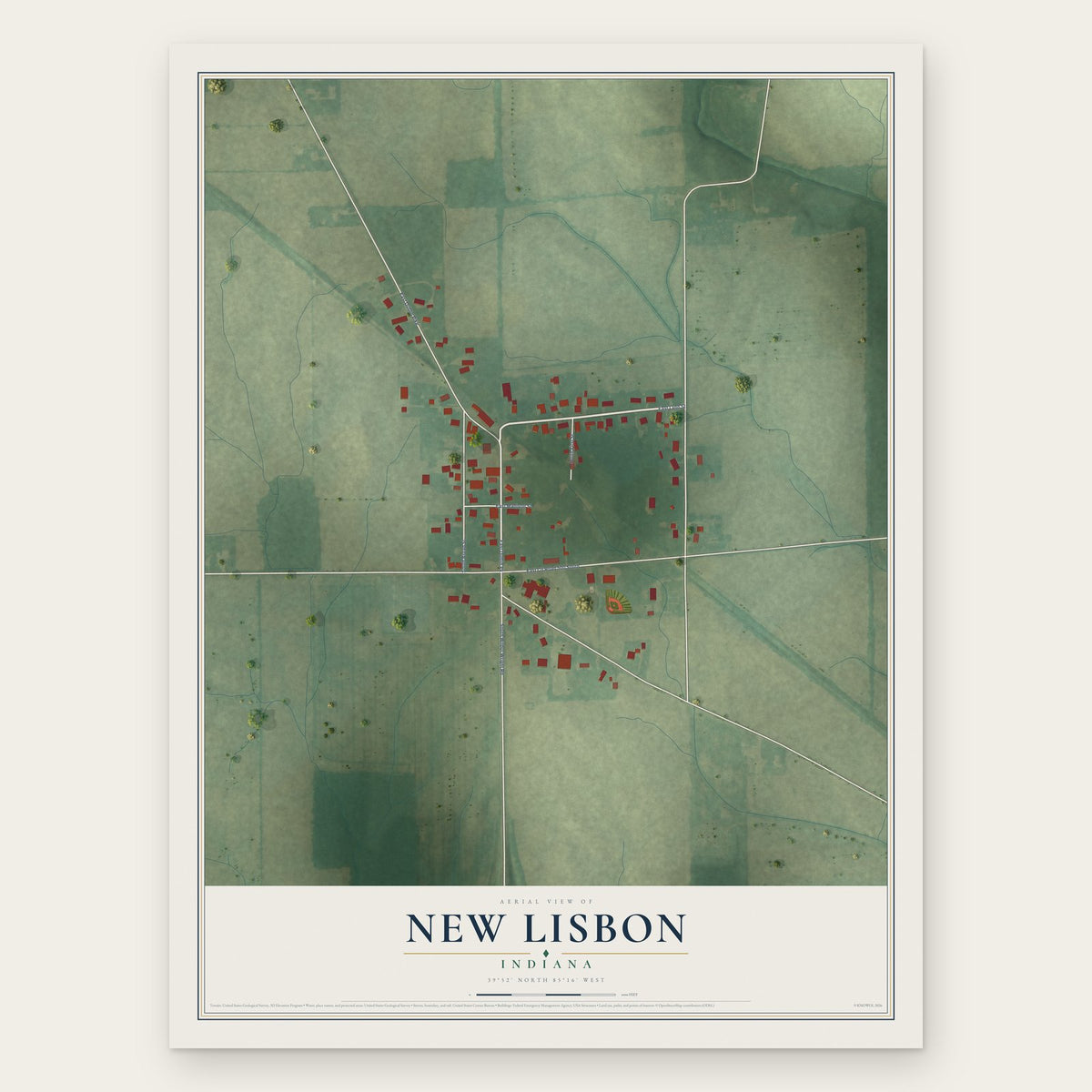 New Lisbon, Indiana map print, the full design