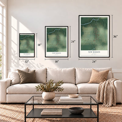 New Marion, Indiana map in 12 x 18, 18 x 24 and 24 x 36 inch sizes above a sofa