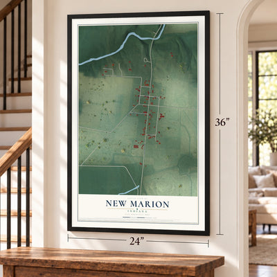 New Marion, Indiana map, 24 x 36 inch print in a black frame by a staircase
