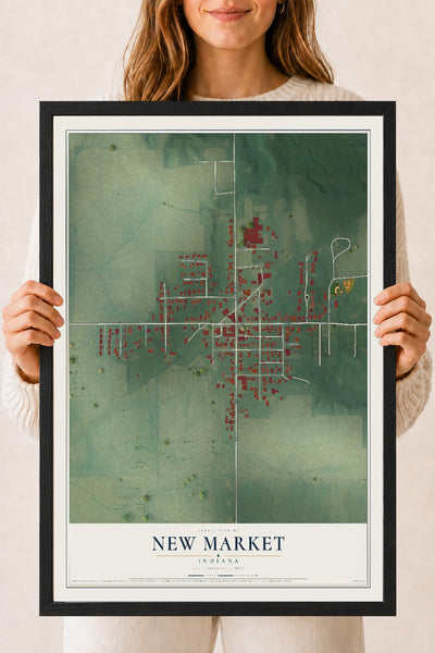 Map of New Market, Indiana, 18 x 24 inch print in a black wood frame