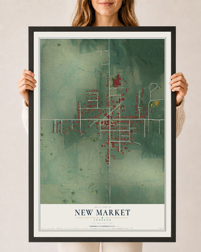 Map of New Market, Indiana, 24 x 36 inch print in a black wood frame