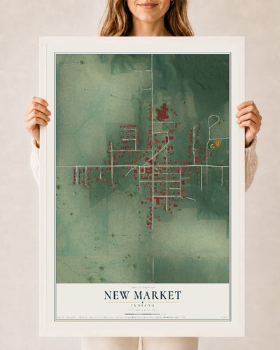 Map of New Market, Indiana, 24 x 36 inch print in a white wood frame