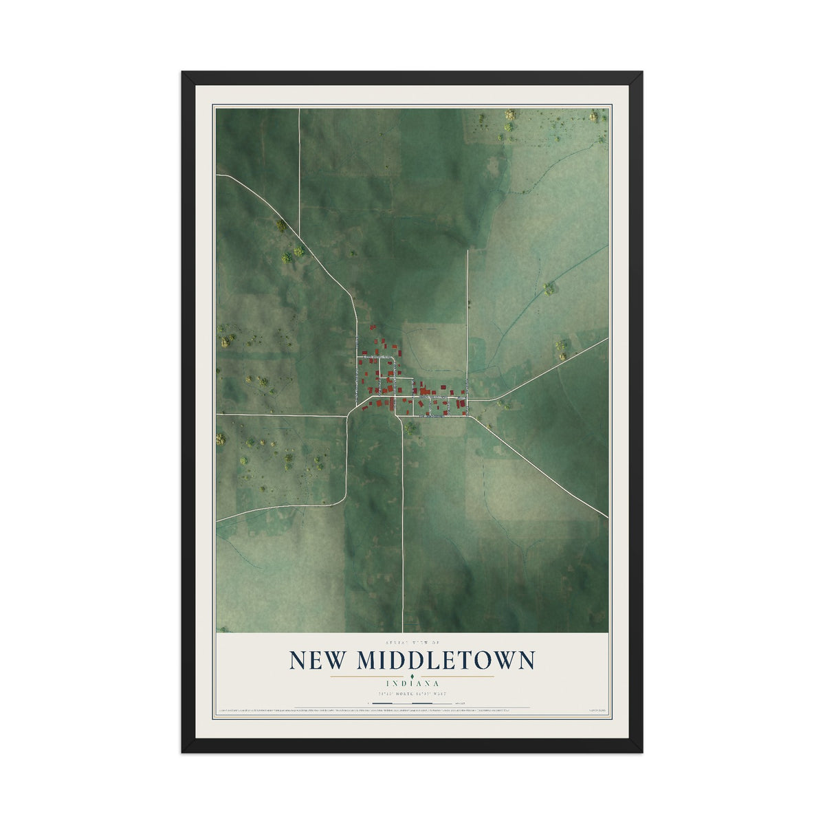 Map of New Middletown, Indiana, 12 x 18 inch print in a black wood frame