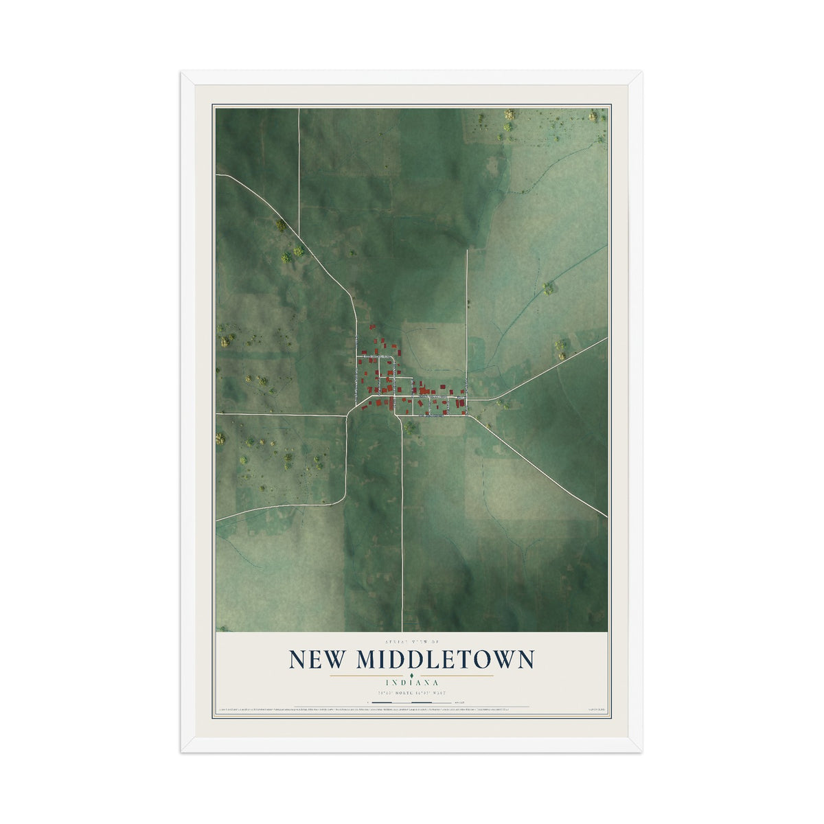 Map of New Middletown, Indiana, 12 x 18 inch print in a white wood frame