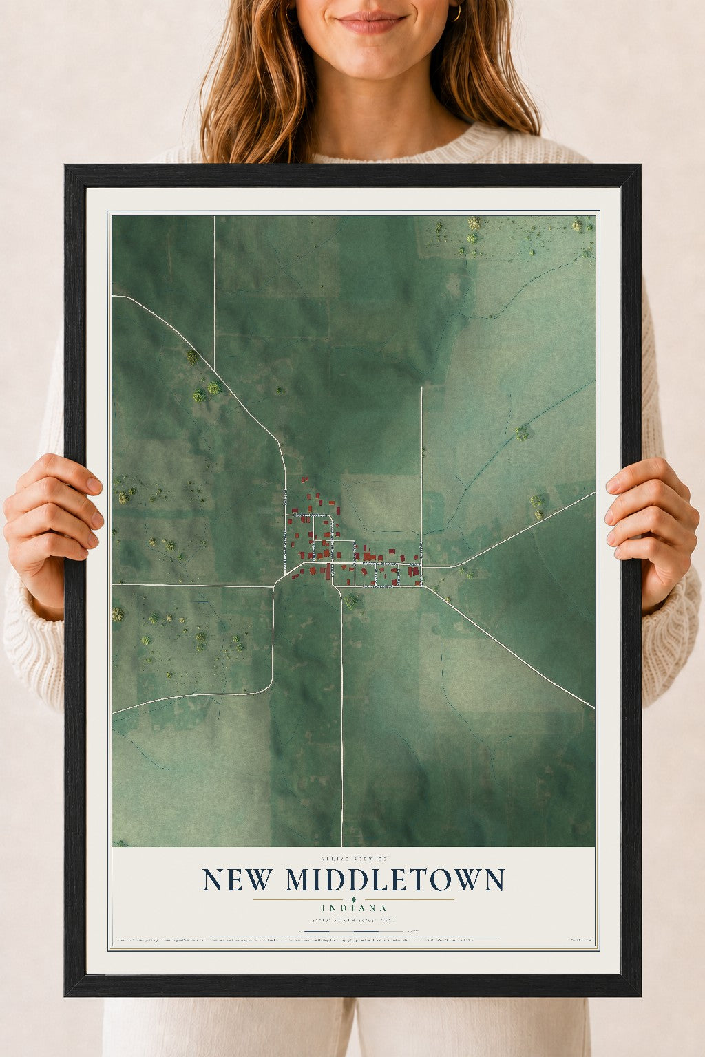 Map of New Middletown, Indiana, 18 x 24 inch print in a black wood frame