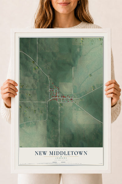 Map of New Middletown, Indiana, 18 x 24 inch print in a white wood frame