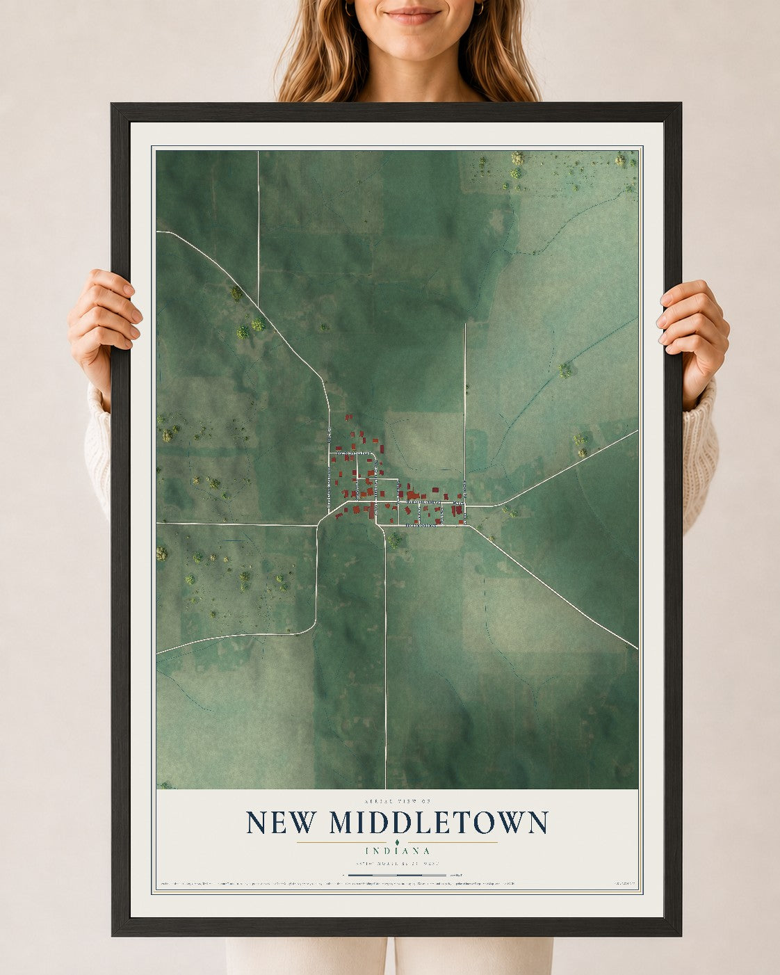 Map of New Middletown, Indiana, 24 x 36 inch print in a black wood frame