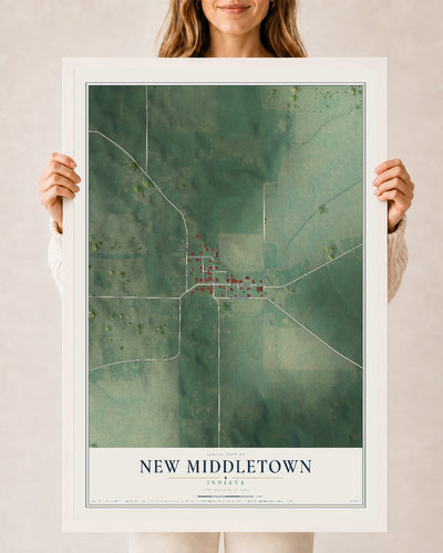 Map of New Middletown, Indiana, 24 x 36 inch print in a white wood frame