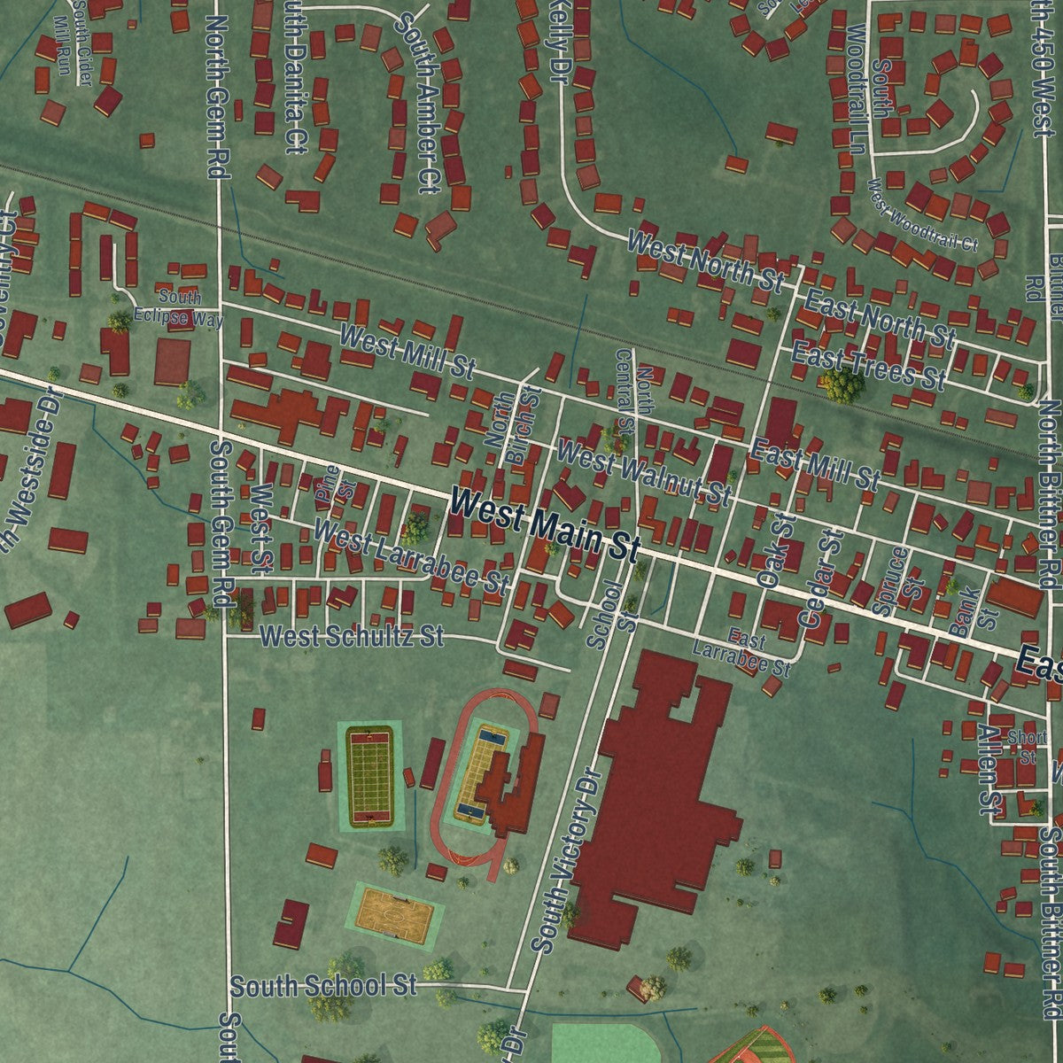 Close-up of the map of New Palestine, Indiana print showing street and building detail