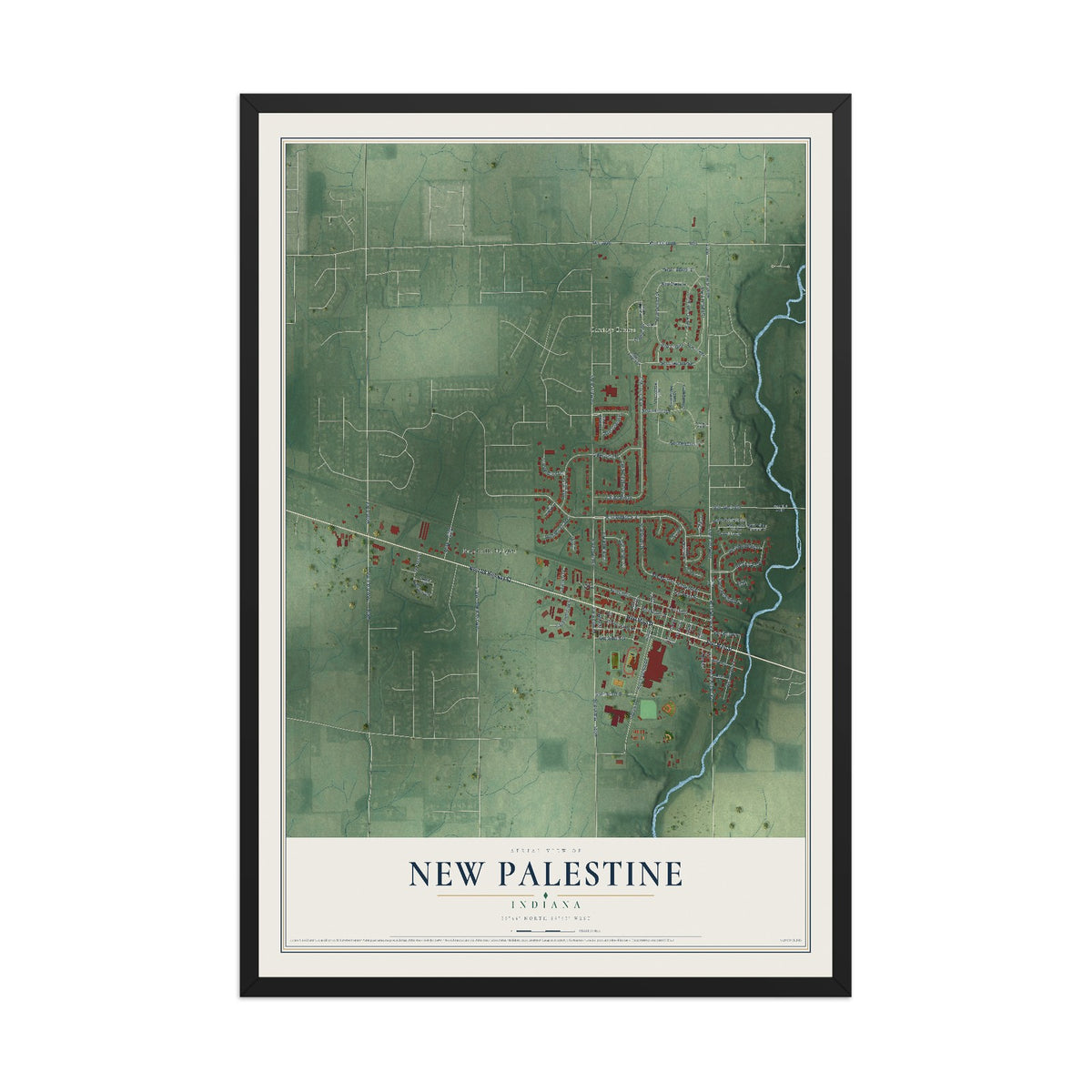 Map of New Palestine, Indiana, 12 x 18 inch print in a black wood frame