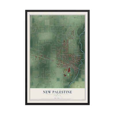 Map of New Palestine, Indiana, 12 x 18 inch print in a black wood frame
