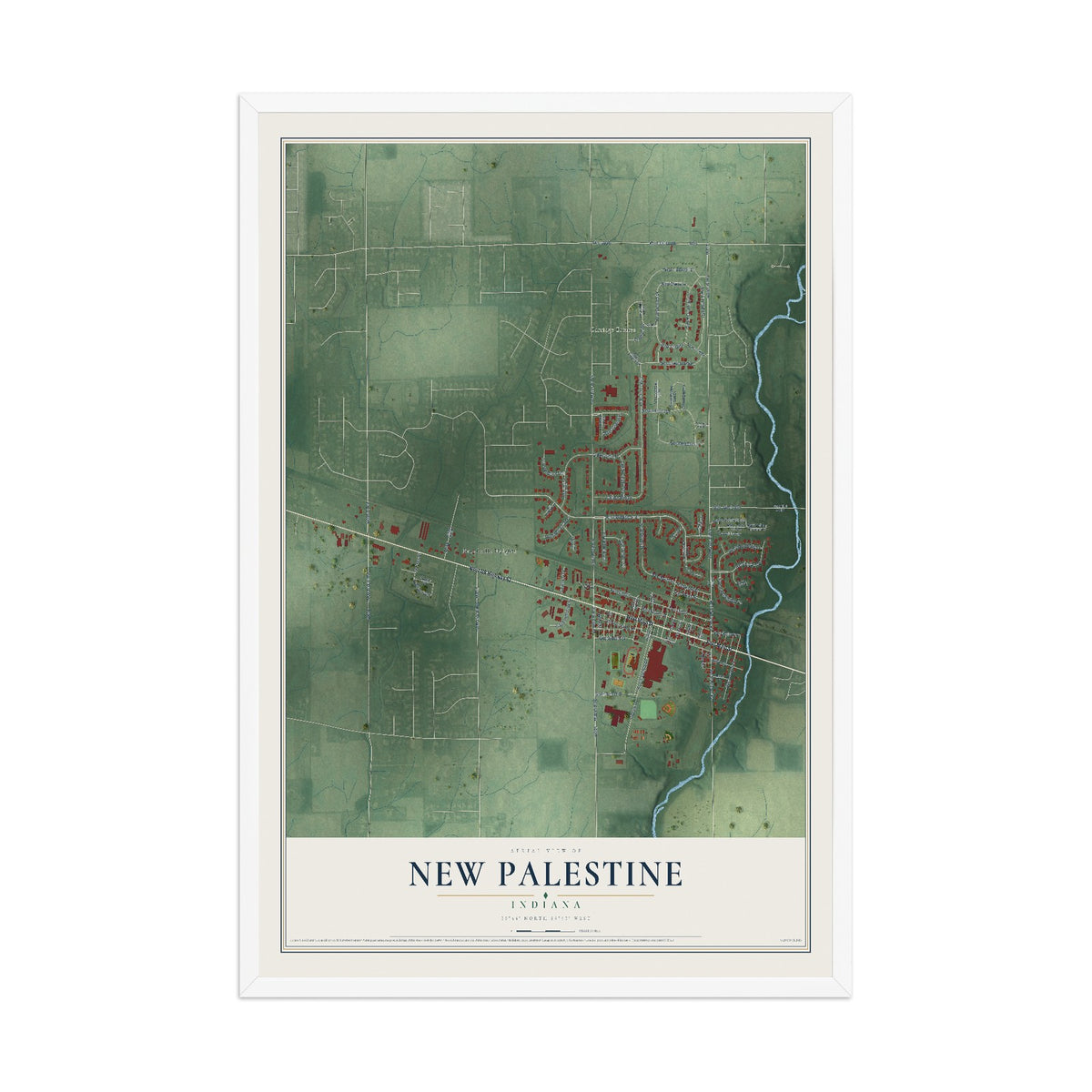 Map of New Palestine, Indiana, 12 x 18 inch print in a white wood frame