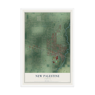 Map of New Palestine, Indiana, 12 x 18 inch print in a white wood frame