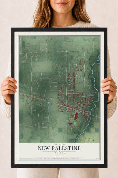 Map of New Palestine, Indiana, 18 x 24 inch print in a black wood frame