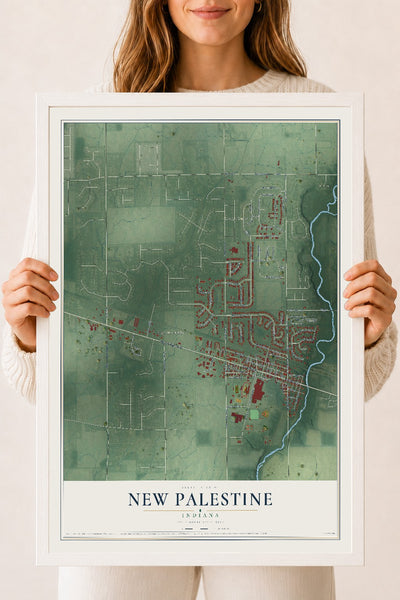 Map of New Palestine, Indiana, 18 x 24 inch print in a white wood frame