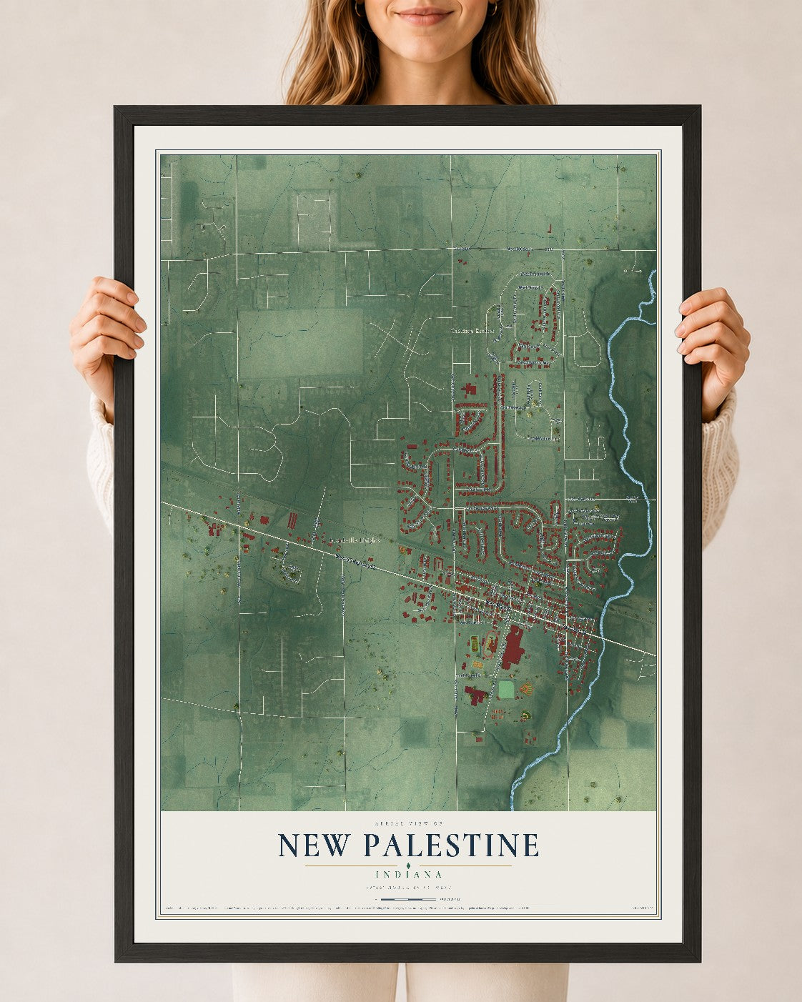 Map of New Palestine, Indiana, 24 x 36 inch print in a black wood frame