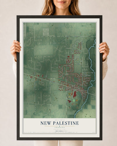 Map of New Palestine, Indiana, 24 x 36 inch print in a black wood frame