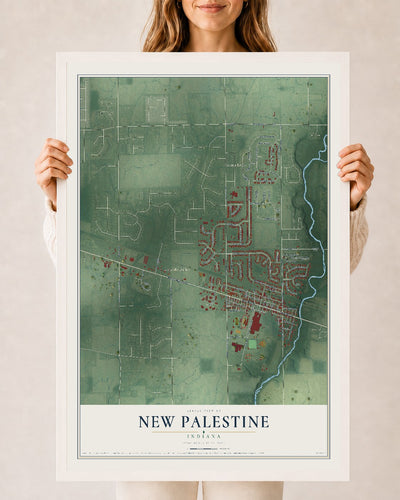 Map of New Palestine, Indiana, 24 x 36 inch print in a white wood frame