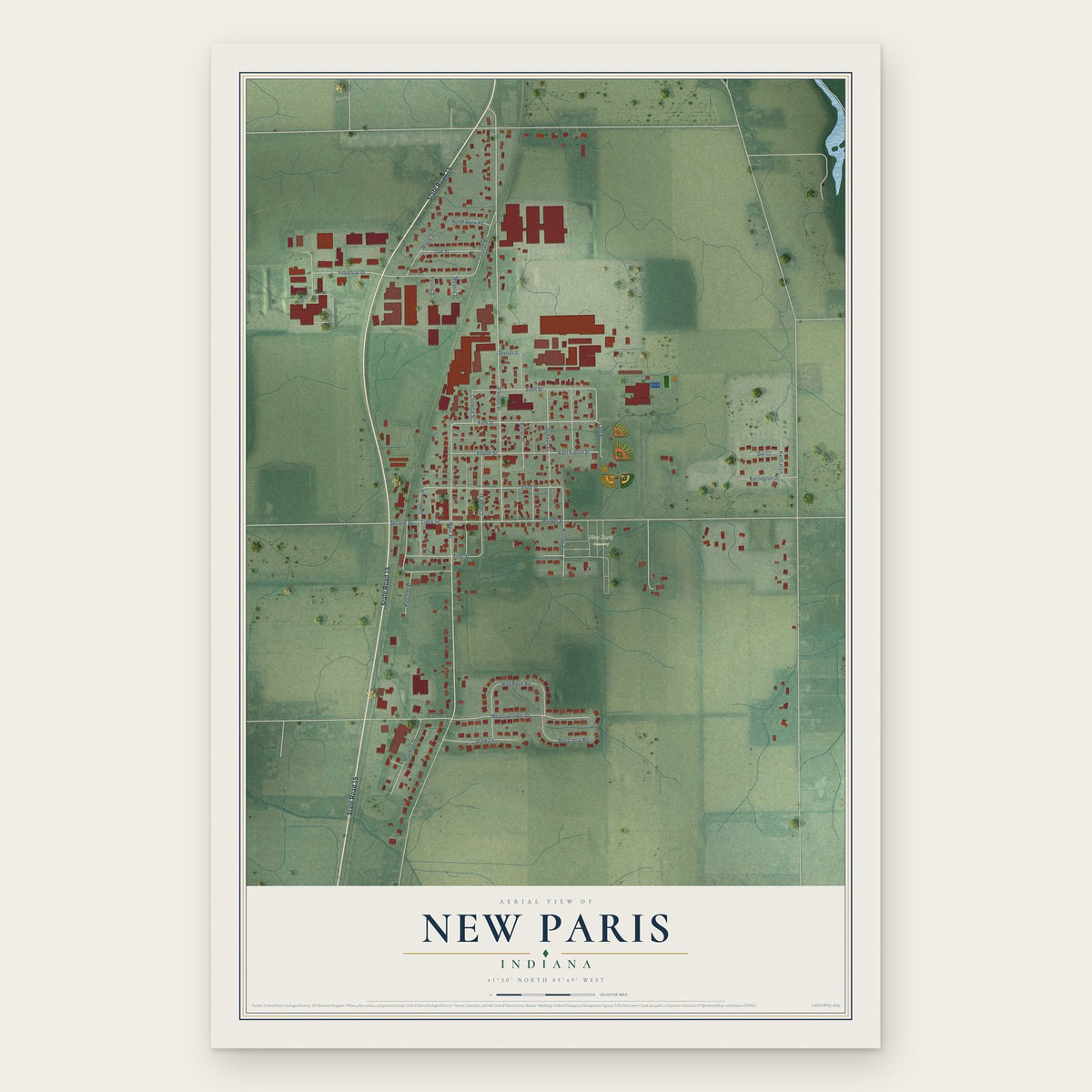 New Paris, Indiana map print, the full design