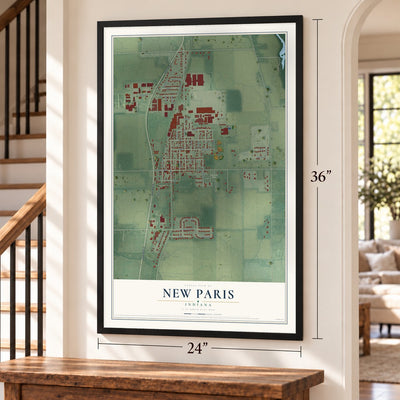 New Paris, Indiana map, 24 x 36 inch print in a black frame by a staircase