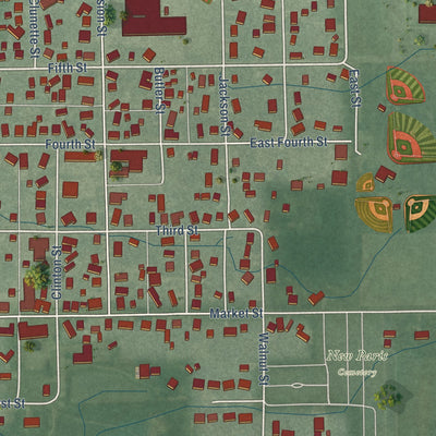 Close-up of the map of New Paris, Indiana print showing street and building detail