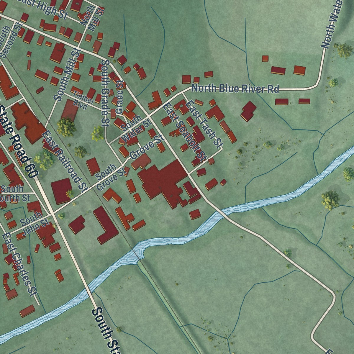 Close-up of the map of New Pekin, Indiana print showing street and building detail