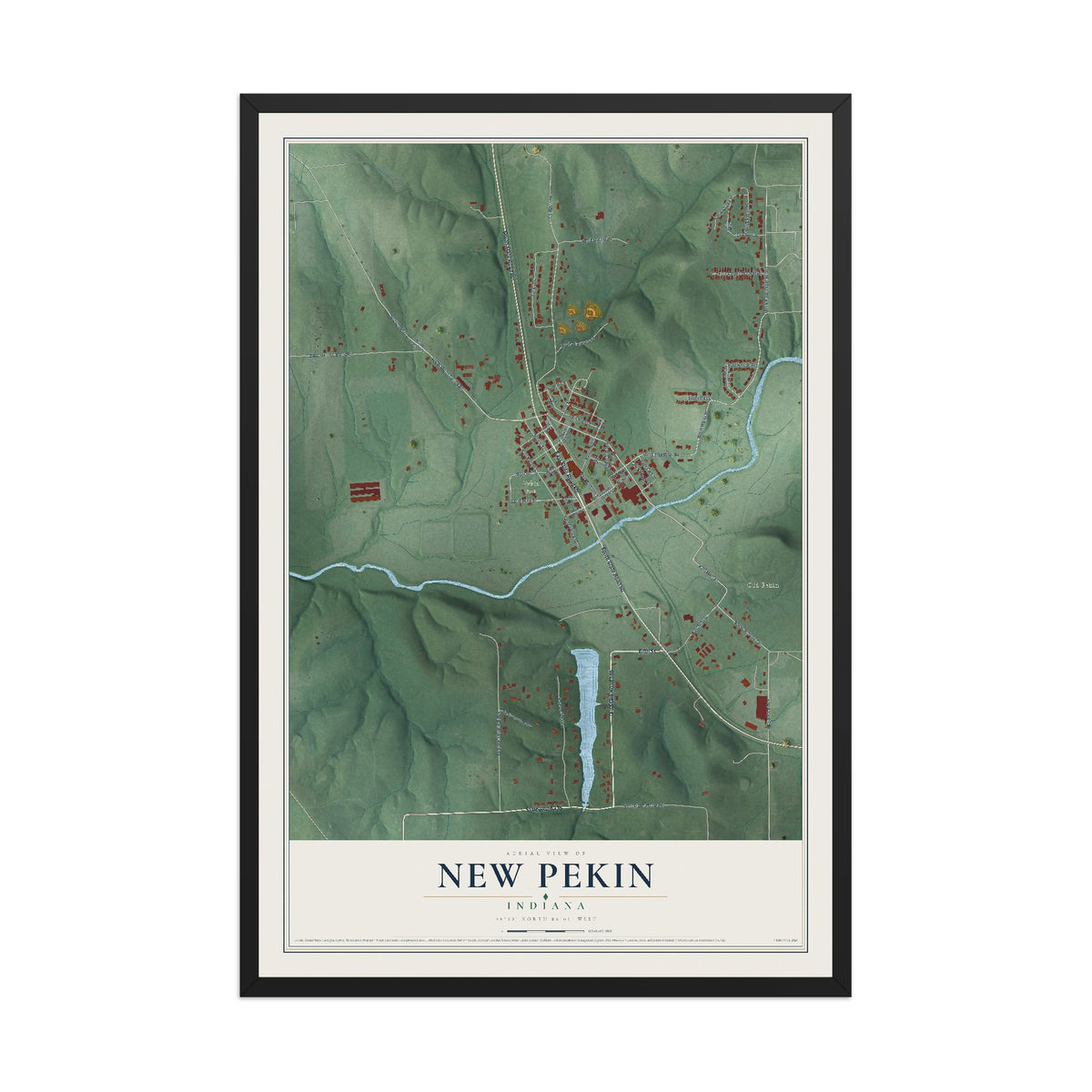 Map of New Pekin, Indiana, 12 x 18 inch print in a black wood frame