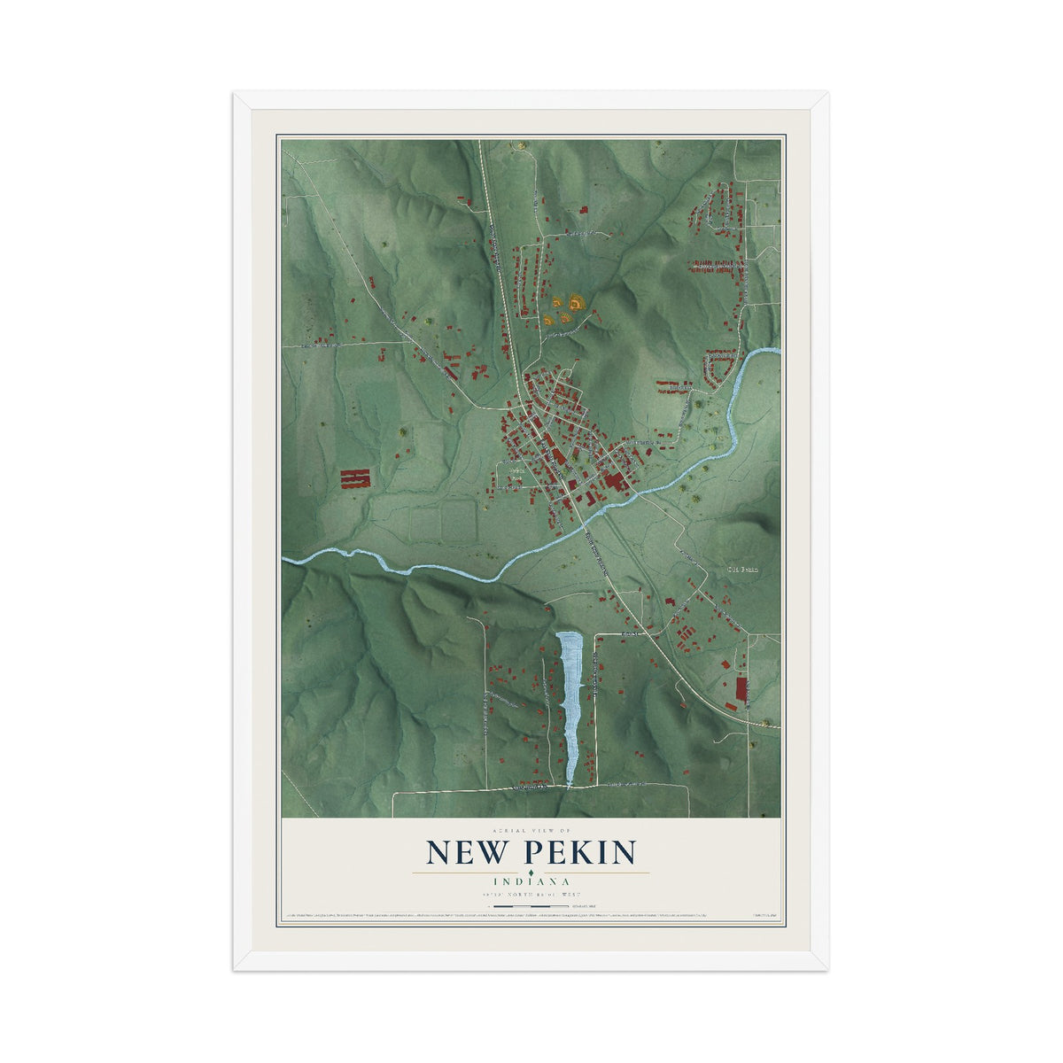 Map of New Pekin, Indiana, 12 x 18 inch print in a white wood frame