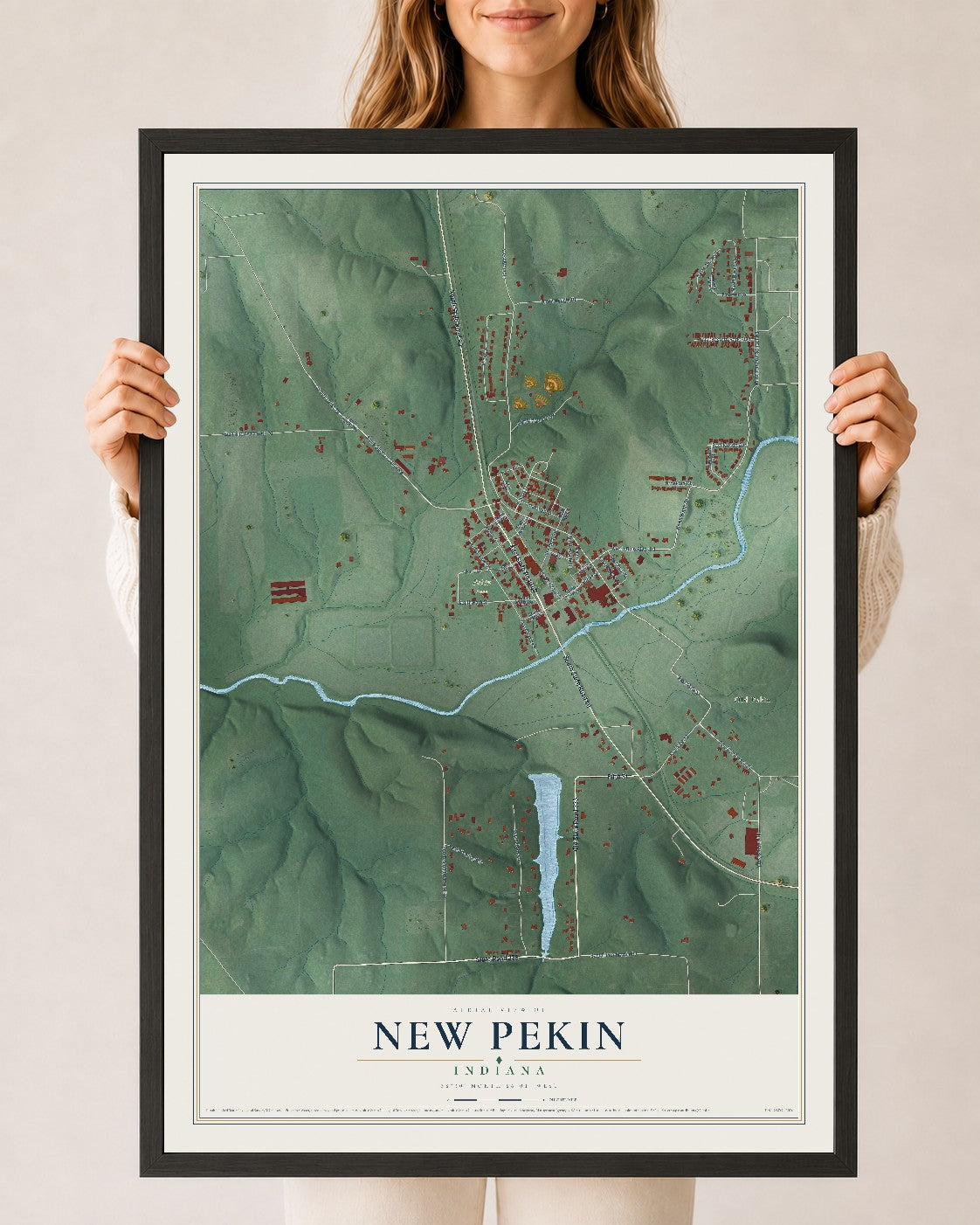 Map of New Pekin, Indiana, 24 x 36 inch print in a black wood frame